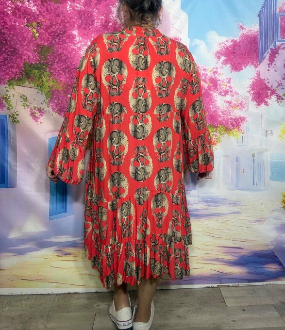 Robe trapèze courte rouge orangé Skulls TDM Calaveras Léopard du 40 au 48