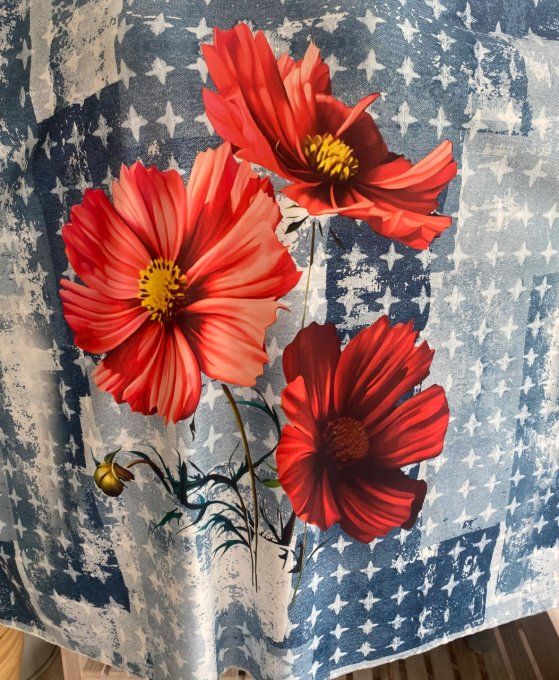 Tunique trapèze oversize manches courtes effet jeans Fleurs rouges  du 42 au 56/58 et même + 