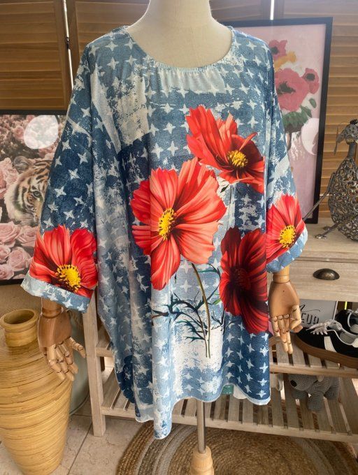 Tunique trapèze oversize manches courtes effet jeans Fleurs rouges  du 42 au 56/58 et même + 