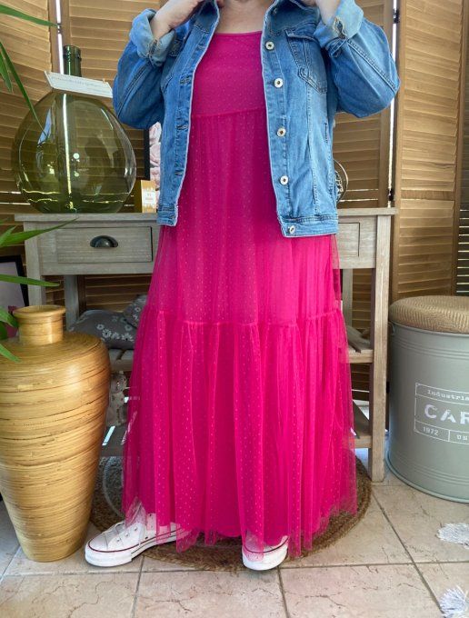 Fond de robe long tulle Fuschia et plumetis  bretelles réglables du 38 au 46/48 