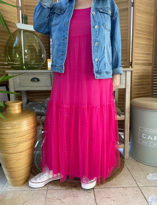 Fond de robe long tulle Fuschia et plumetis  bretelles réglables du 38 au 46/48 