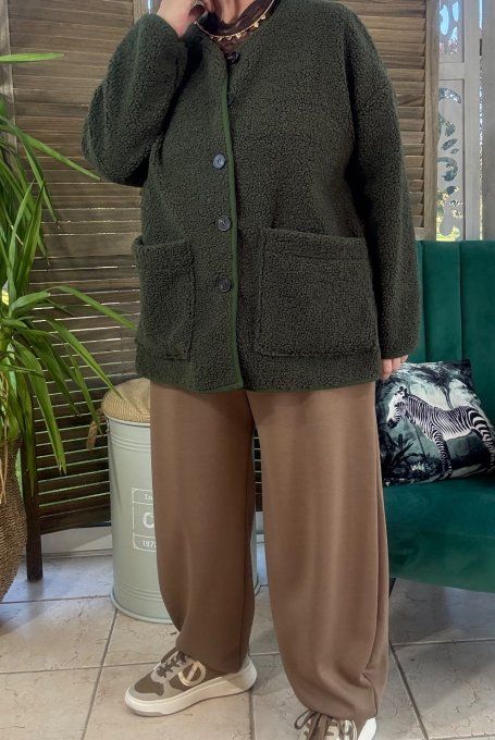 Veste Sherpa kaki doublée suédine du 38 au 48/50 et même +