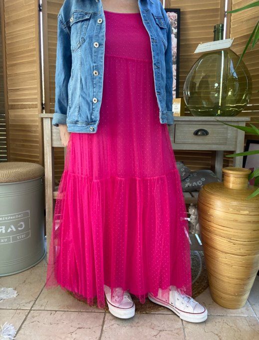 Fond de robe long tulle Fuschia et plumetis  bretelles réglables du 38 au 46/48 