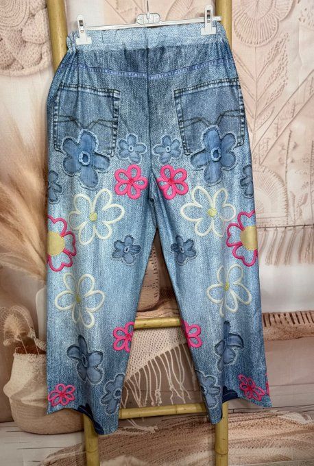 Panta-jogg effet jeans stone délavé Fleurs multicolores Hippie Spirit stretch +++ du 40 au 52/54 