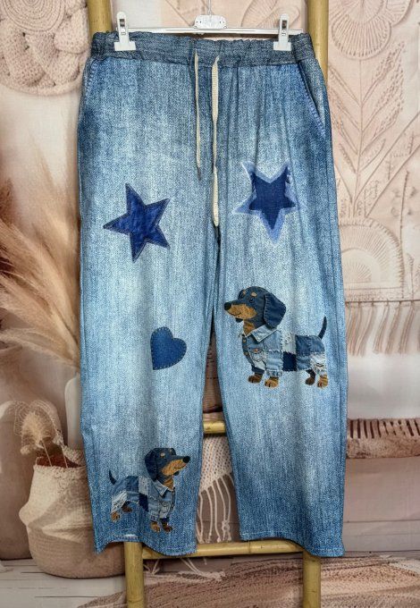 Panta-jogg effet jeans stone délavé Adorables Teckels & étoiles stretch ++++ du 40 au 52/54  