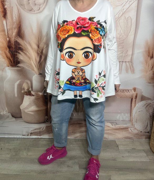 Top trapèze blanc manches longues Frida Kahlo Mexican Little Girl du 40 au 54/56 