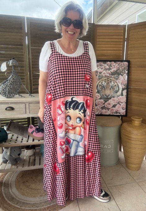 Robe trapèze longue à bretelles damier noir rose + corail Betty Boop du 40 au 52/54 