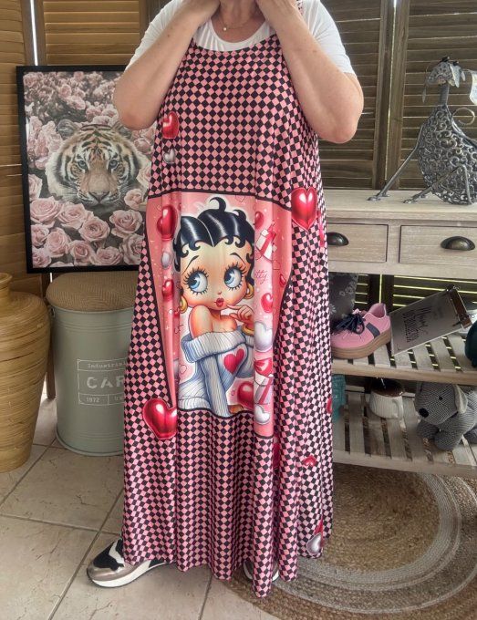 Robe trapèze longue à bretelles damier noir rose + corail Betty Boop du 40 au 52/54 
