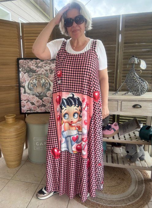 Robe trapèze longue à bretelles damier noir rose + corail Betty Boop du 40 au 52/54 