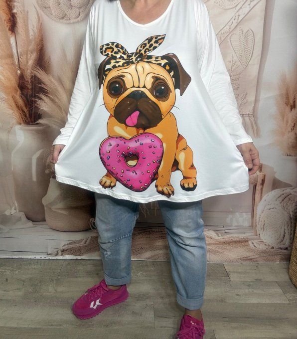 Lot de 2 Tops blancs manches longues Chat et Bouledogue du 42 au 56/58