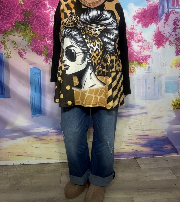 Tee-shirt Tunique trapèze col V noir Pretty Fashion Leopard Woman douceur +++ du 40 au 54/56