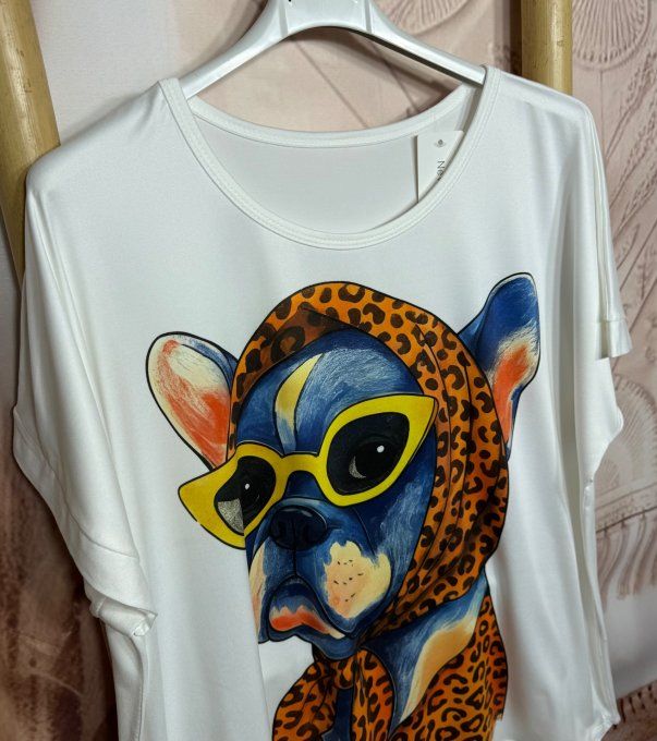 Tee-shirt ample blanc manches courtes Léopard Fashion Dog Bouledogue du 40 au 50/52