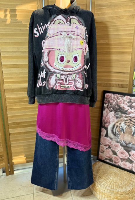 Sweat à capuche noir délavé Labubu & sequins strass perles noeuds en relief du 38 au 50