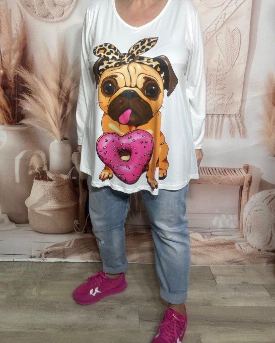 Lot de 2 Tops blancs manches longues Chat et Bouledogue du 42 au 56/58