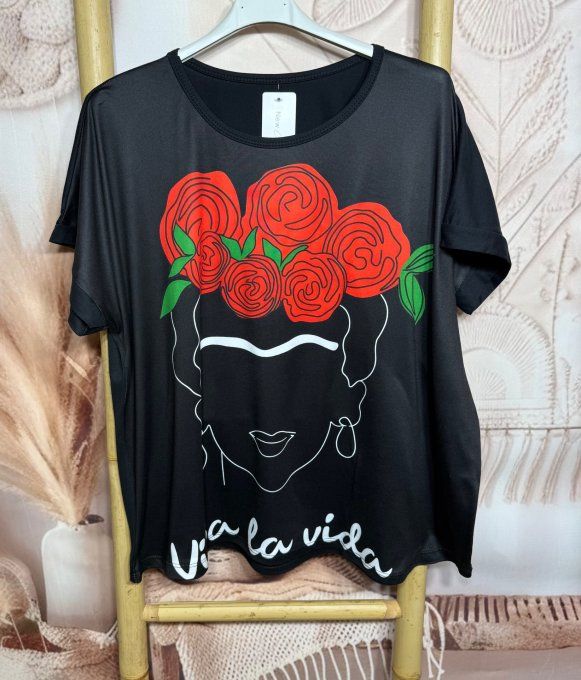 Tee-shirt ample noir manches courtes Frida Kahlo Viva la Vida du 40 au 50/52