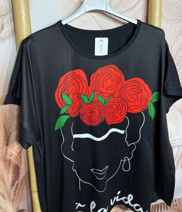 Tee-shirt ample noir manches courtes Frida Kahlo Viva la Vida du 40 au 50/52