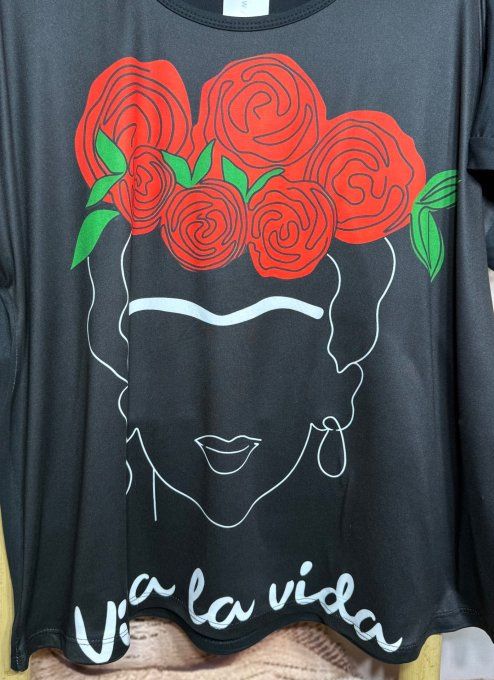 Tee-shirt ample noir manches courtes Frida Kahlo Viva la Vida du 40 au 50/52