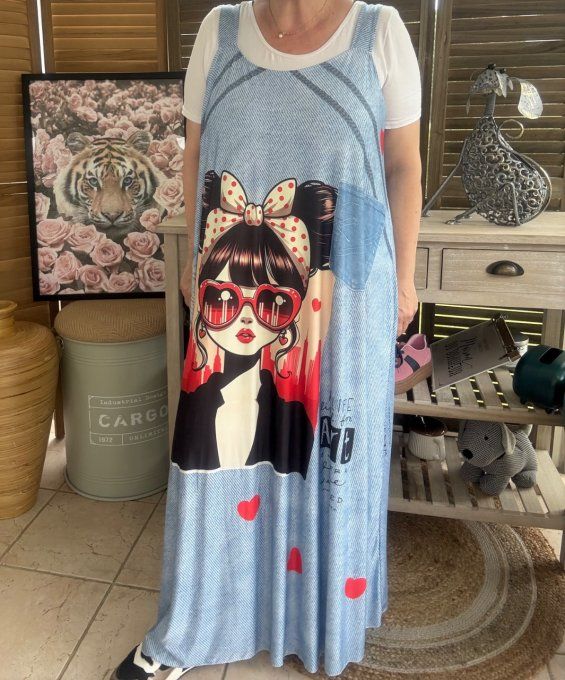 Robe trapèze longue à bretelles effet jeans Fashion Woman in Red du 40 au au 52/54 