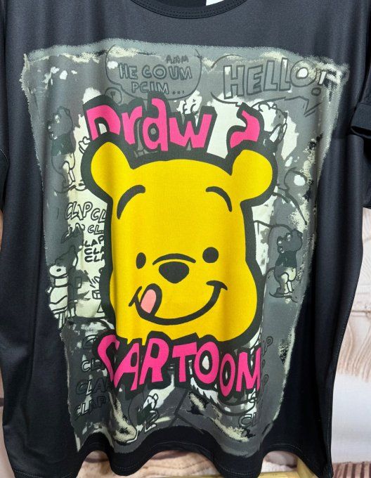 Tee-shirt ample noir manches courtes Winnie L'Ourson Cartoon du 40 au 50/52  
