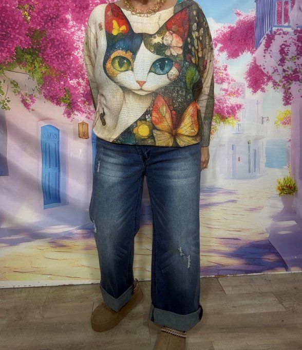 Pull fin ample SANS LAINE Le Chat Arc-en-ciel et les Papillons confort +++ du 36 au 44 