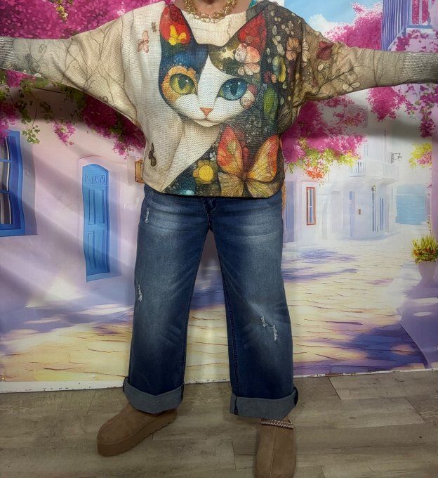 Pull fin ample SANS LAINE Le Chat Arc-en-ciel et les Papillons confort +++ du 36 au 44 