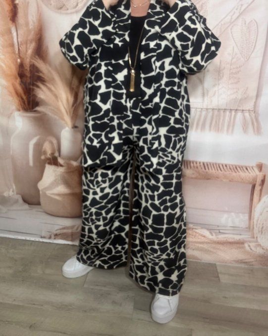 Ensemble Girafe noir et blanc pantalon fluide large + veste kimono ample du 38 au 46
