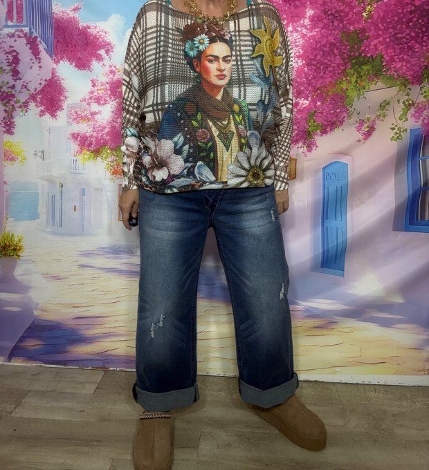 Pull fin ample SANS LAINE quadrillage chocolat Frida Kahlo confort +++ du 36 au 44