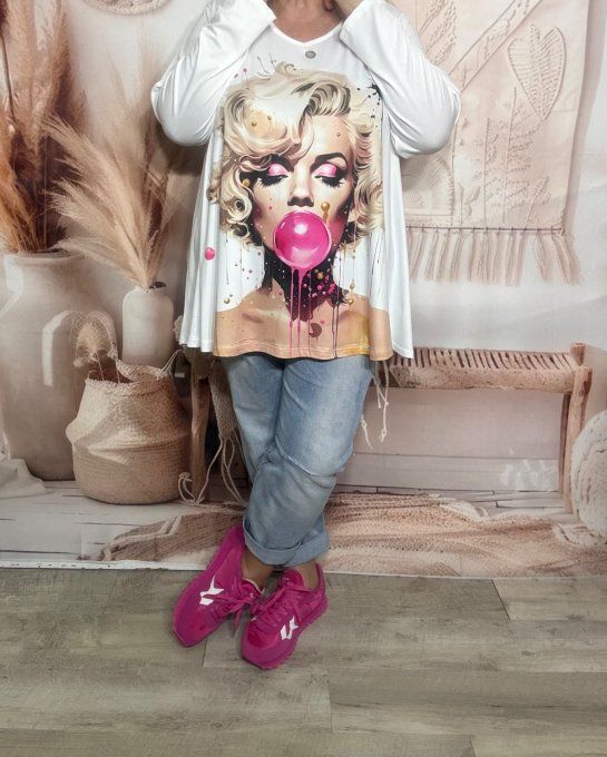 Top trapèze blanc manches longues Marylin Monroe Bubble Gum du 40 au 54/56  