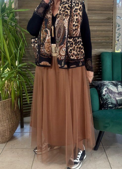 Veste sans manches matelassée Cachemire camel & choco du 36 au 46 et même + 