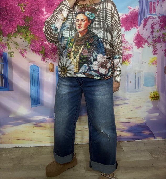 Pull fin ample SANS LAINE quadrillage chocolat Frida Kahlo confort +++ du 36 au 44