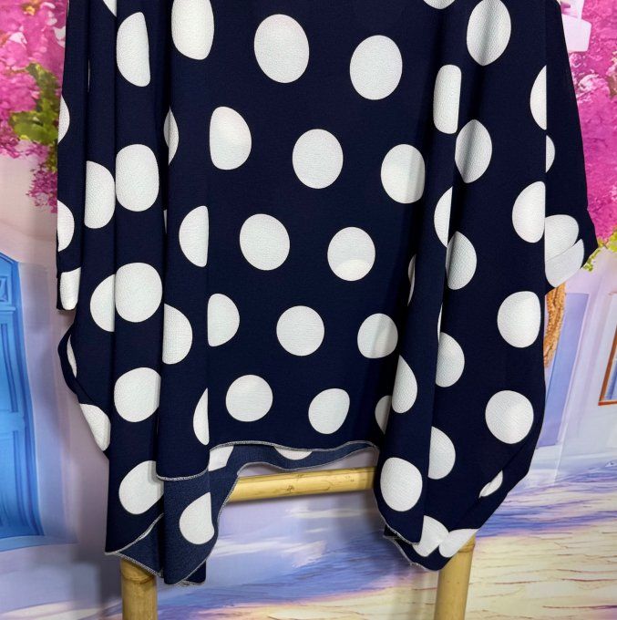 Tunique oversize marine grands pois blancs manches chauve-souris courtes  du 42 au 56/58 