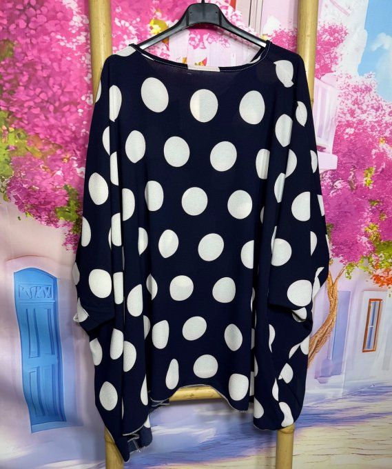 Tunique oversize marine grands pois blancs manches chauve-souris courtes  du 42 au 56/58 