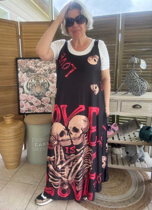 Robe trapèze longue à bretelles noire Skulls Skeleton in Love du 40 au au 52/54 