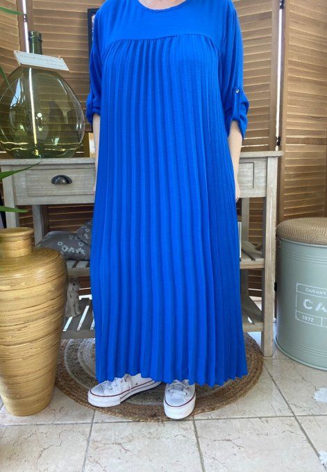 Robe ample longue plissée bleu royal manches longues ajustables du 40 au 52 