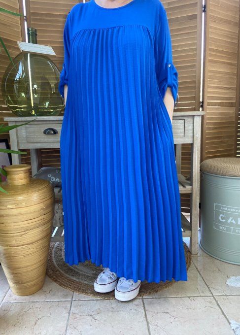Robe ample longue plissée bleu royal manches longues ajustables du 40 au 52 