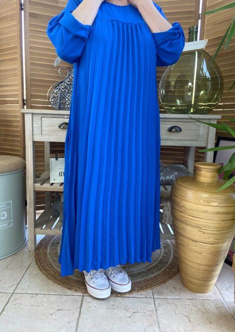 Robe ample longue plissée bleu royal manches longues ajustables du 40 au 52 