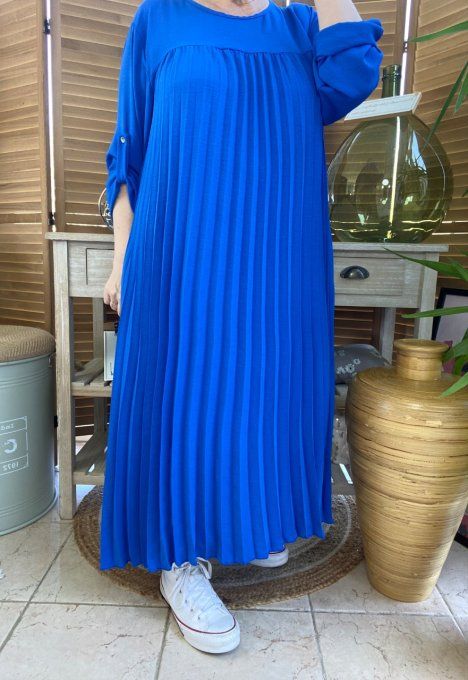 Robe ample longue plissée bleu royal manches longues ajustables du 40 au 52 
