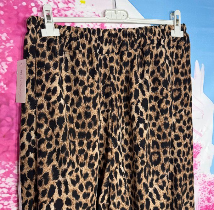 Pantalon Palazzo cuisses larges Léopard Camel taille élastiquée du 40 au 52