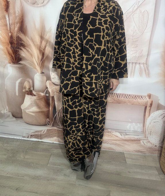 Ensemble Girafe noir et caramel pantalon fluide large + veste kimono ample du 38 au 46