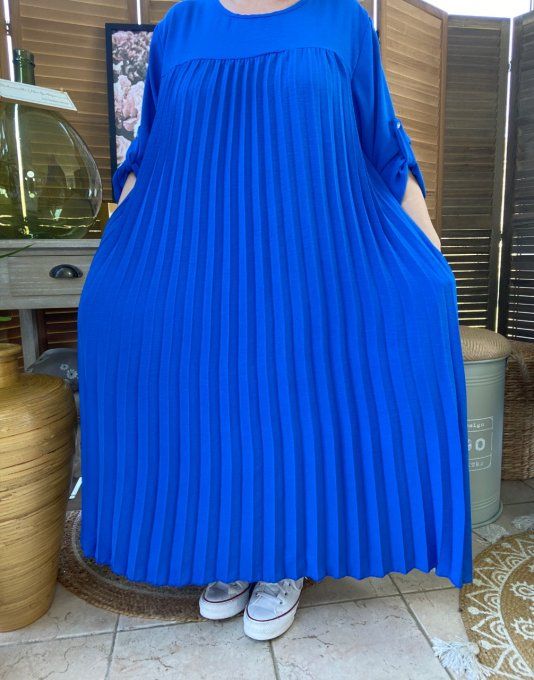 Robe ample longue plissée bleu royal manches longues ajustables du 40 au 52 