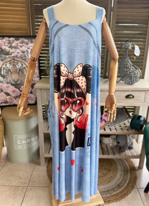Robe trapèze longue à bretelles effet jeans Fashion Woman in Red du 40 au au 52/54 