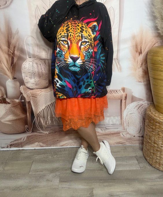 Sweat fin à capuche long noir Le Majestueux Tigre multicolore du 40 au 52/54 