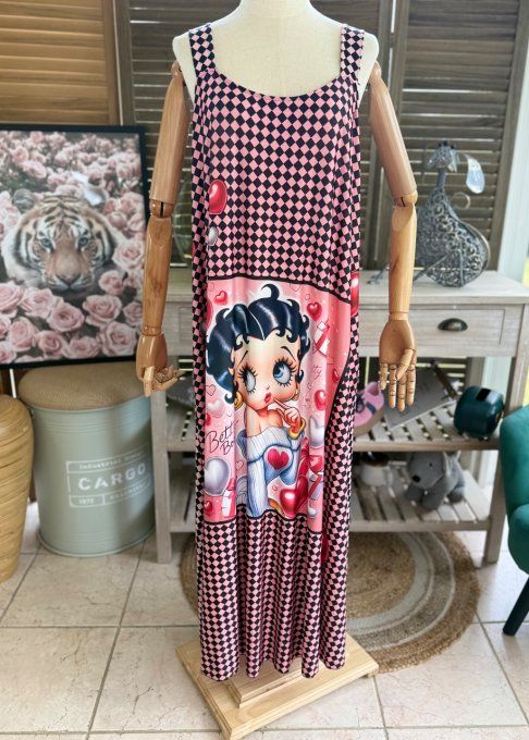 Robe trapèze longue à bretelles damier noir rose + corail Betty Boop du 40 au 52/54 
