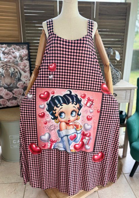 Robe trapèze longue à bretelles damier noir rose + corail Betty Boop du 40 au 52/54 