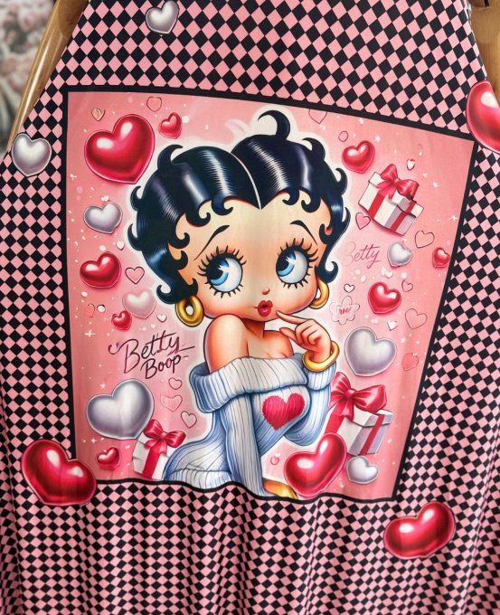 Robe trapèze longue à bretelles damier noir rose + corail Betty Boop du 40 au 52/54 