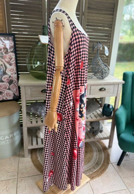Robe trapèze longue à bretelles damier noir rose + corail Betty Boop du 40 au 52/54 