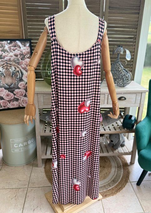 Robe trapèze longue à bretelles damier noir rose + corail Betty Boop du 40 au 52/54 