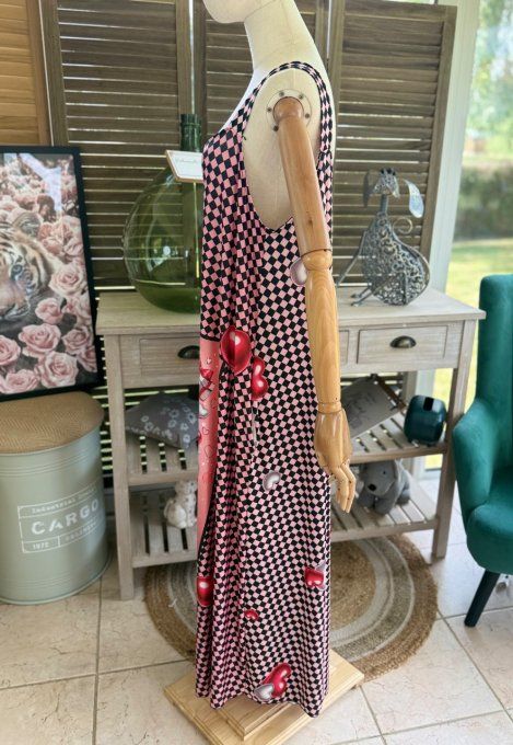 Robe trapèze longue à bretelles damier noir rose + corail Betty Boop du 40 au 52/54 