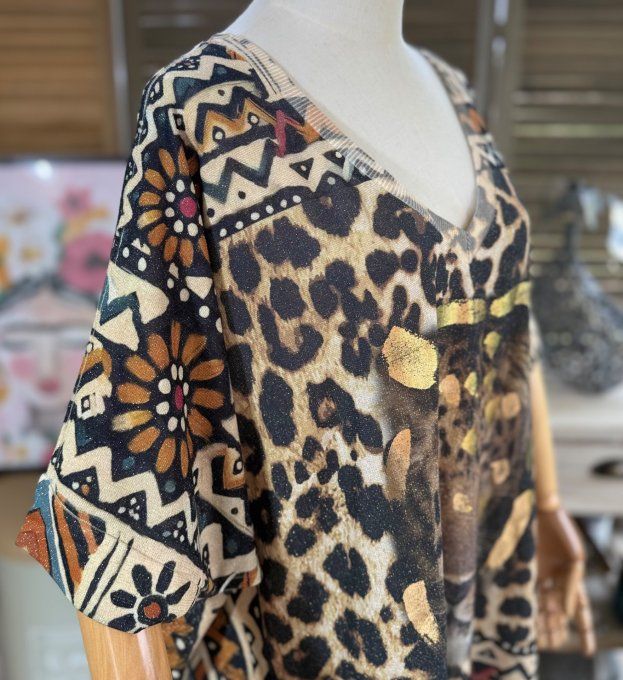 Top lurex Léopard beige pailleté doré Le Tigre Majestueux du 40 au 52/54 