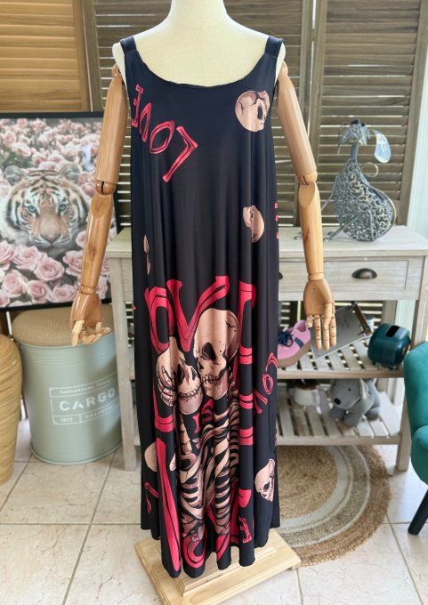 Robe trapèze longue à bretelles noire Skulls Skeleton in Love du 40 au au 52/54 